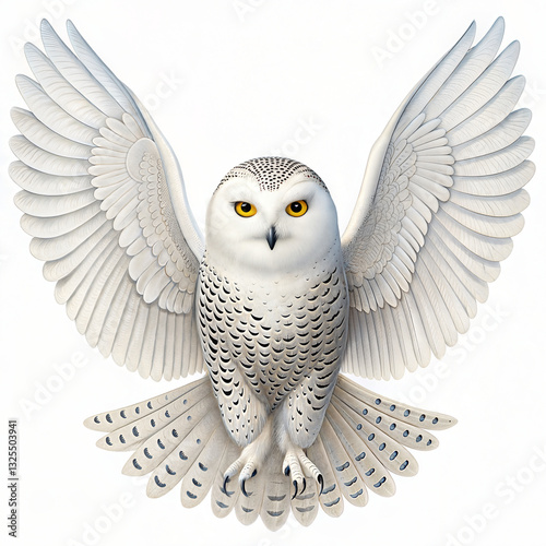 An owl is flying, showing off his beautiful wings, isolated on white background