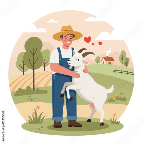 Farmer Hugging Goat Lovingly on Farm Land Illustration