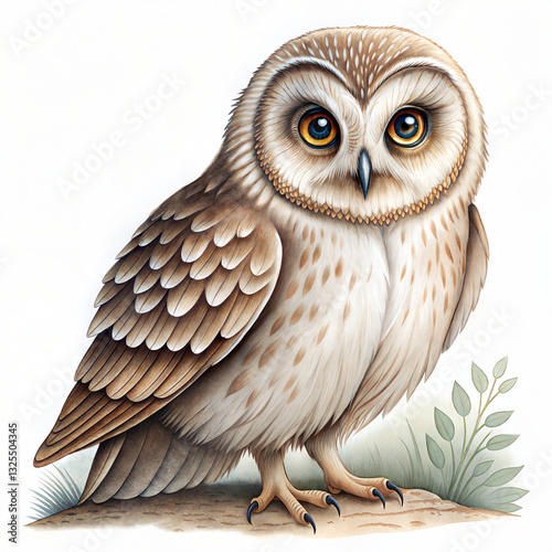 An owl is Standing on a branch, isolated on white background