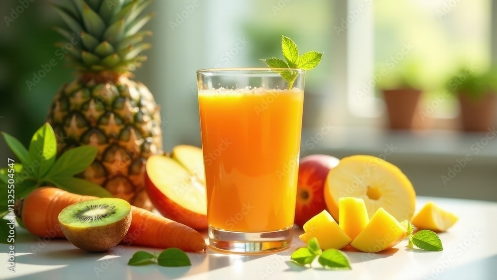 A refreshing blend of sunshine-hued fruit and vegetable juice in a glass, accompanied by vibrant whole fruits and freshly cut pieces, bathed in natural light A refreshing blend of sunshine-hued fruit and vegetable juice in a glass, accompanied by vibrant whole fruits and freshly cut pieces, bathed in natural light