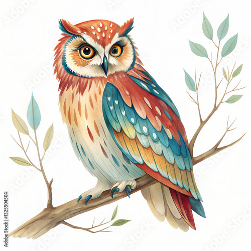 An owl is Standing on a branch, colorful, isolated on white background