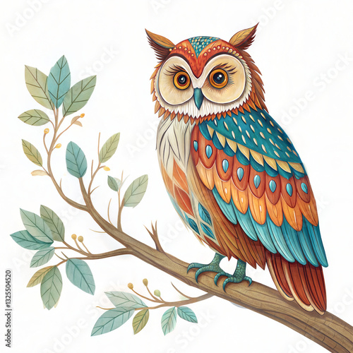 An owl is Standing on a branch, colorful, isolated on white background
