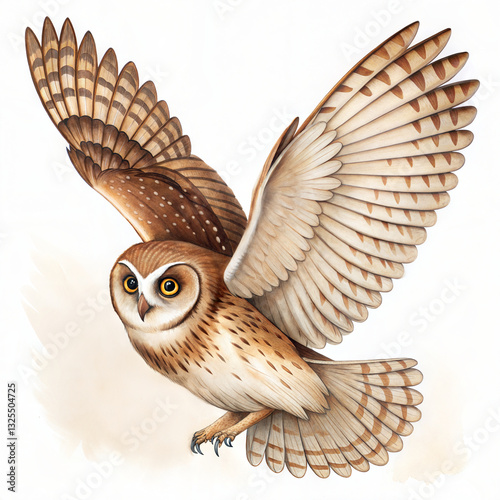 An owl is flying, showing off his beautiful wings, isolated on white background