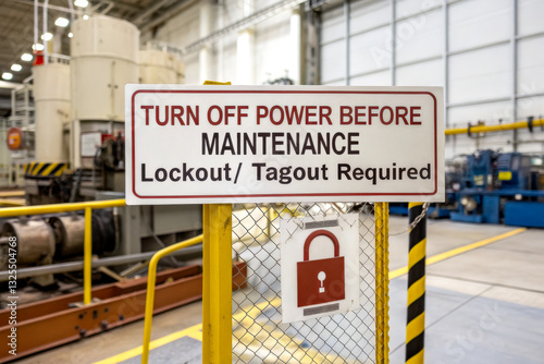A safety sign instructing to turn off power before maintenance, highlighting the importance of lockout/tagout procedures in an industrial setting.
