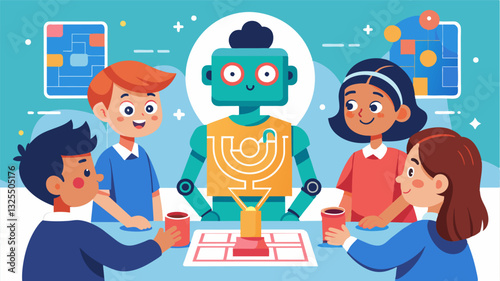 In a competition with other schools a group of elementary students proudly watch as their robot successfully completes a complicated maze showcasing the hard work and dedication of. Vector