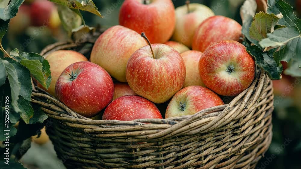 Freshly harvested basket of apples in orchard setting with leaves Freshly harvested basket of apples in orchard setting with leaves