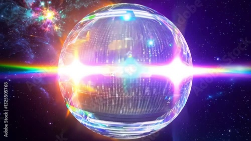 Reflective mirror ball floating in a cosmic space with neon lights