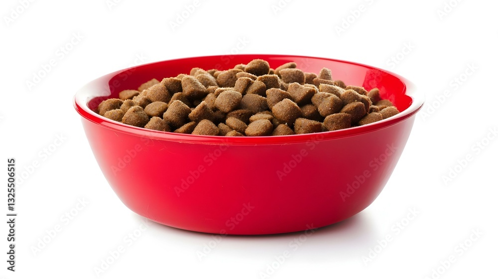Dry cat food in a red bowl isolated on white Dry cat food in a red bowl isolated on white