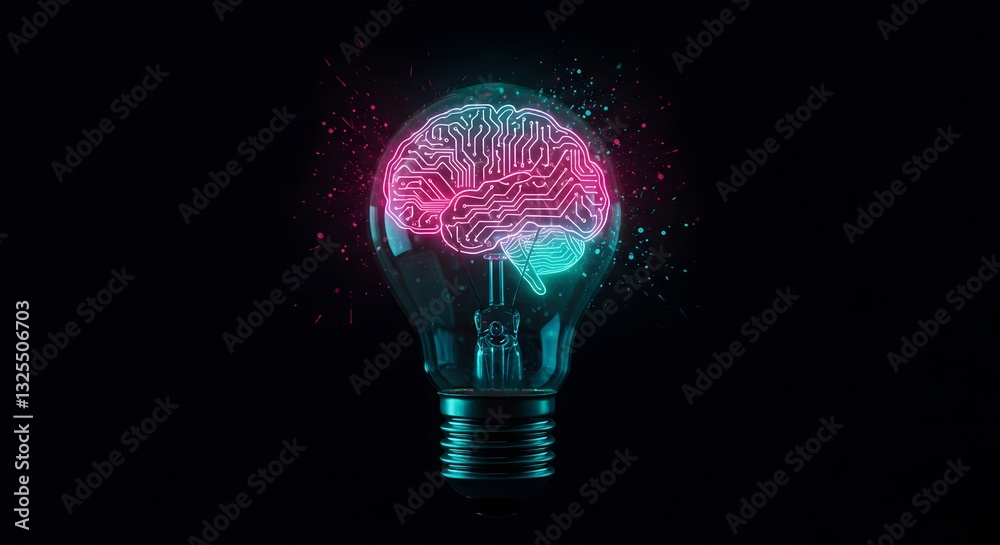 Brain Light Bulb Concept with Glowing Circuit Design on Dark Background Brain Light Bulb Concept with Glowing Circuit Design on Dark Background