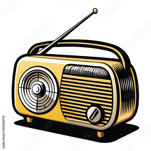 A detailed silhouette of a vintage, Art Deco style radio, showcasing its ornate details against a twilight sky.  The silhouette is sharply defined.