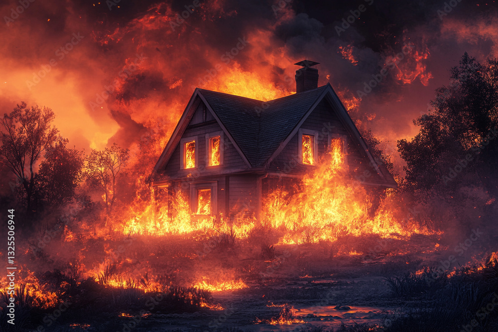 A house surrounded by flames A house surrounded by flames