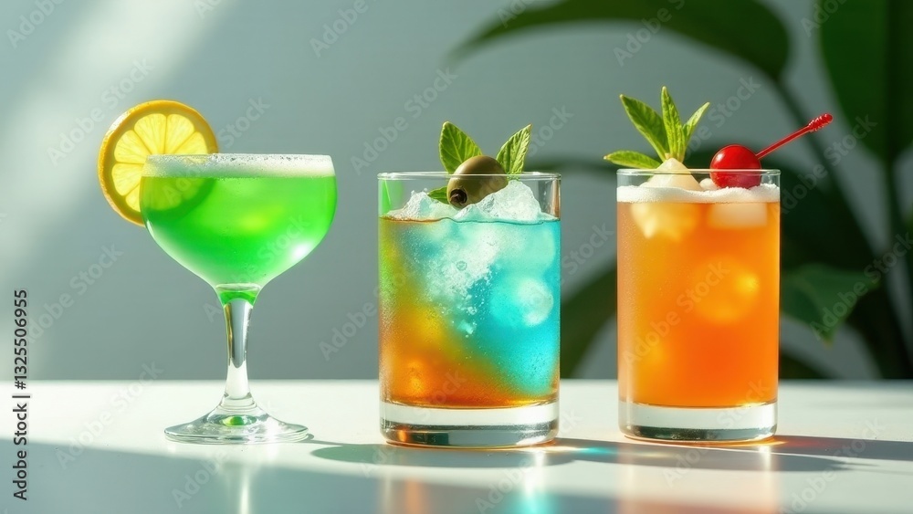 Refreshing Summer Cocktails A Trio of Icy Drinks with Zesty Garnishes and Vibrant Hues on a Sunny Day Refreshing Summer Cocktails A Trio of Icy Drinks with Zesty Garnishes and Vibrant Hues on a Sunny Day