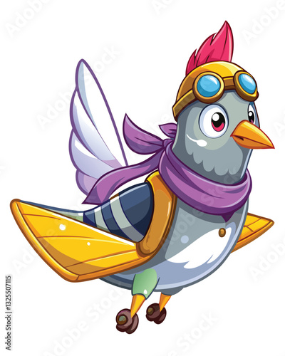 A plump pigeon, wearing a gray aviator cap, sits majestically, perhaps ready for flight.  The focus is on the comical contrast.