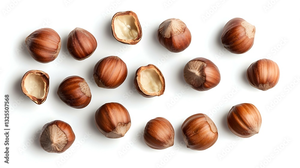 Full and halfs of hazelnuts on white background Full and halfs of hazelnuts on white background