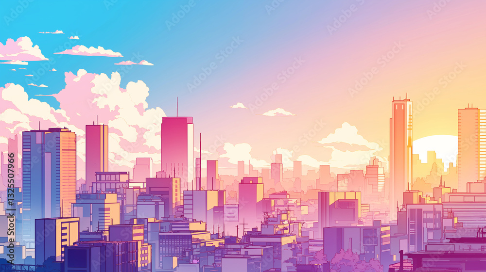 Fototapeta premium 都市のサンセットとパステルカラーの幻想的な空|ピンクとゴールドが交差する美しいシティスケープ|高層ビル群が浮かぶサイバーパンク調の都市風景|80年代レトロフューチャースタイルの街並み