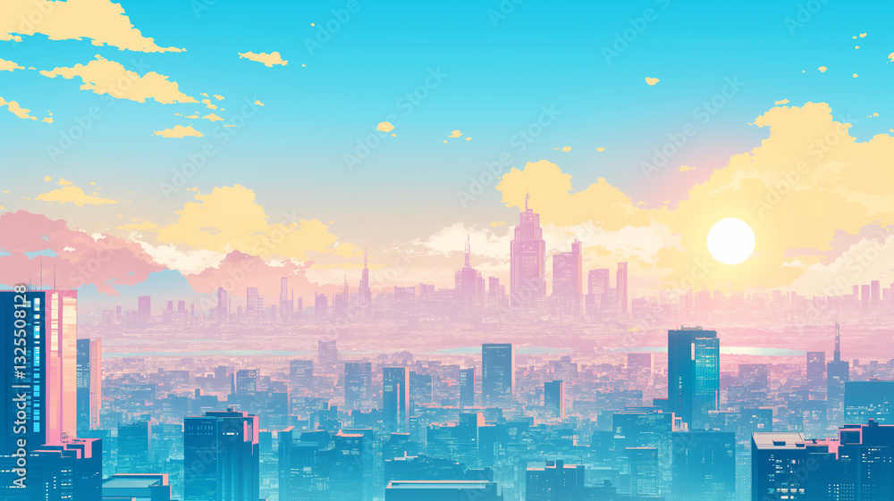 Obraz premium 黄金色の夕日が輝く近未来の都市風景｜ピンクと紫に染まるレトロモダンな高層ビル群｜シティポップ風のシルエットが美しい都会の夜明け｜幻想的なネオンカラーの街並み