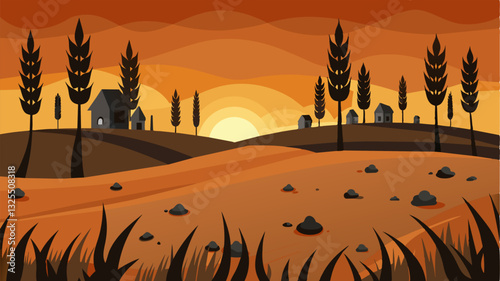 What was once a picturesque field of vibrant wheat now resembled a desolate wasteland with blackened grains clinging to life amidst the destruction.. Vector illustration