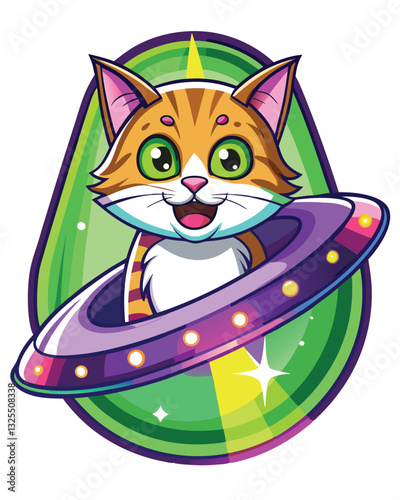 Design a vibrant emblem featuring a grinning tabby cat inside a lime-green saucer.  The cat should appear playful and friendly.