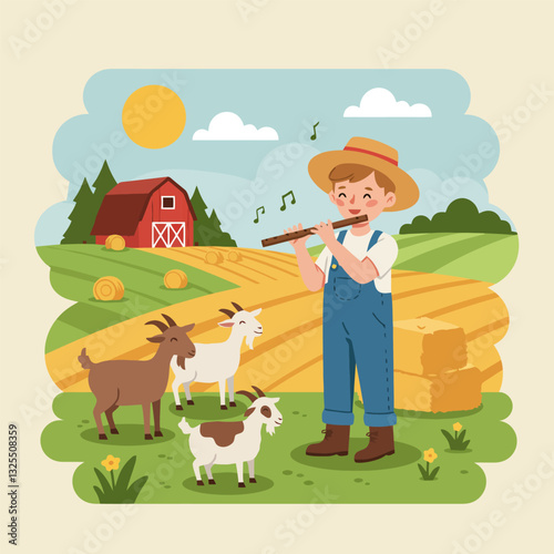 Boy Plays Flute for Goats in a Farm Scene Illustration