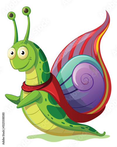 A cartoon snail with a vibrant green shell, wearing tiny racing goggles, speeding along a bright track.  Emphasis on humorous, fast-paced motion.