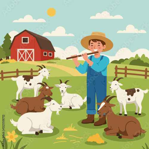 Farmer Playing Flute with Goats in a Rural Farm Scene