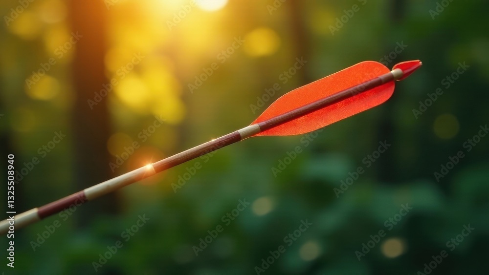 Golden hour illuminates a single arrow shaft, showcasing vibrant red fletching against a softly blurred woodland backdrop. Golden hour illuminates a single arrow shaft, showcasing vibrant red fletching against a softly blurred woodland backdrop.