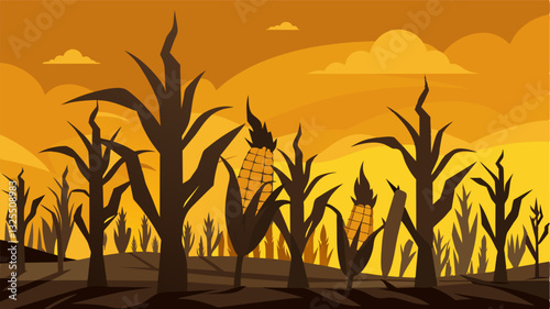 The withered corn cobs a stark contrast to the golden fields of the past were a chilling depiction of the impact of drought.. Vector illustration