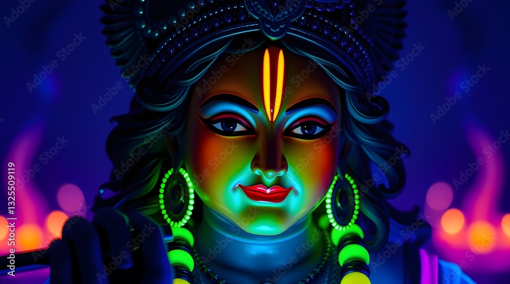 Lord Krishna Idol with Flute in Glowing Neon Colors on Dark Background Lord Krishna Idol with Flute in Glowing Neon Colors on Dark Background