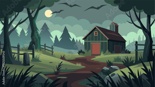 What was once a lively and bustling farmyard now sits eerily quiet. The only sounds are the creaking of the dilapidated buildings and the whispering of the wind through the tall. Vector illustration
