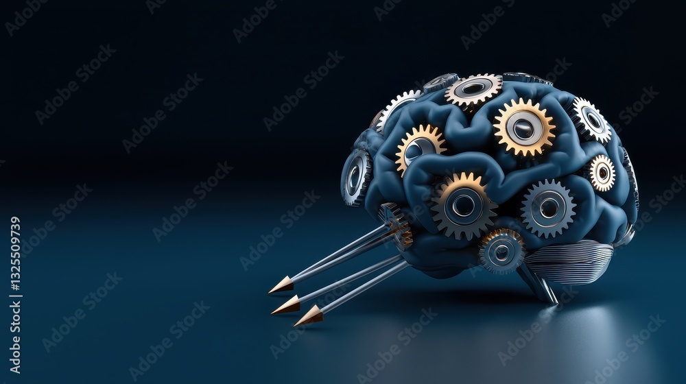 Naklejka premium A mechanical brain with gears and arrows, symbolizing innovation, technology, and cognitive processes in a sleek, modern design.