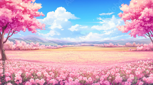 Beautiful Pink Flower Field Landscape with Cherry Blossom Trees