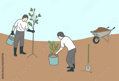 植樹, 木を植える, 環境保護, 造園, ガーデニング, 農作業, 一輪車, スコップ,植樹, 木を植える, 環境保護, 自然, 土壌改良, ガーデニング, 造園, 森林再生, 植物, 農作業, 園芸, 緑化, 作業, 労働, 土木作業, 畑, 植物育成, 自然環境, エコ活動, 人と自然, 持続可能, SDGs, 環境問題, 土いじり, スコップ, 一輪車, バケツ, 屋外作業, 地球環境, 緑
