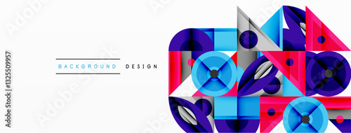 Geometric abstract composition with intersecting shapes, circles, triangles, and gradients, blending vibrant colors and dynamic contrasts to create a modern, futuristic visual design