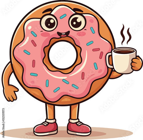 A vector of a cheerful donut holding a cup of coffee 