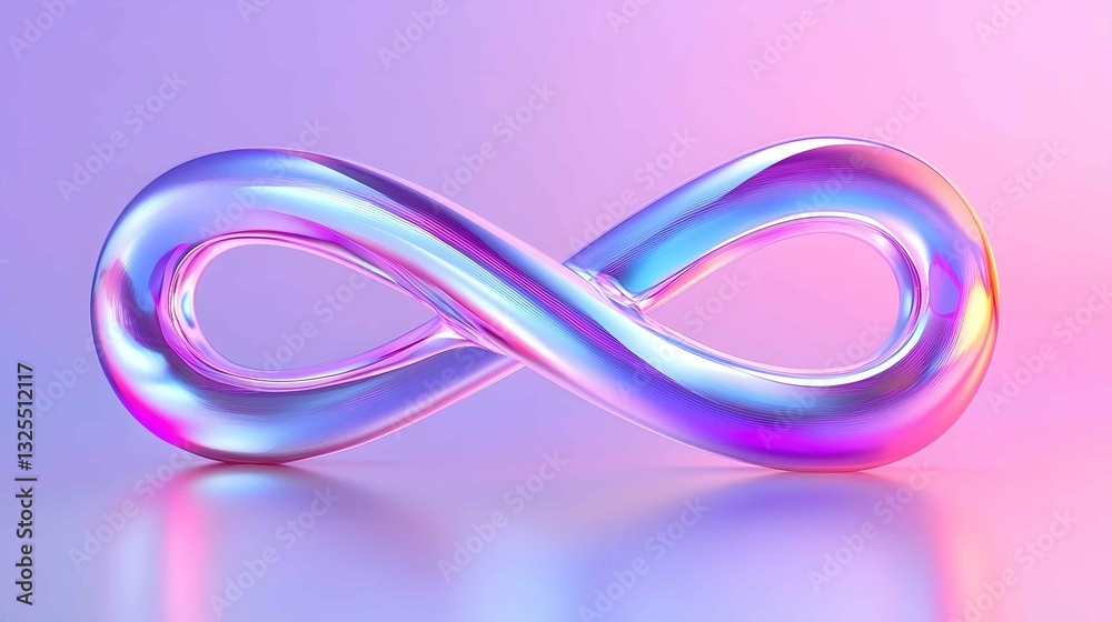 Colorful infinity symbol made of smooth, transparent material against a gradient background depicting a serene and modern ambiance Colorful infinity symbol made of smooth, transparent material against a gradient background depicting a serene and modern ambiance