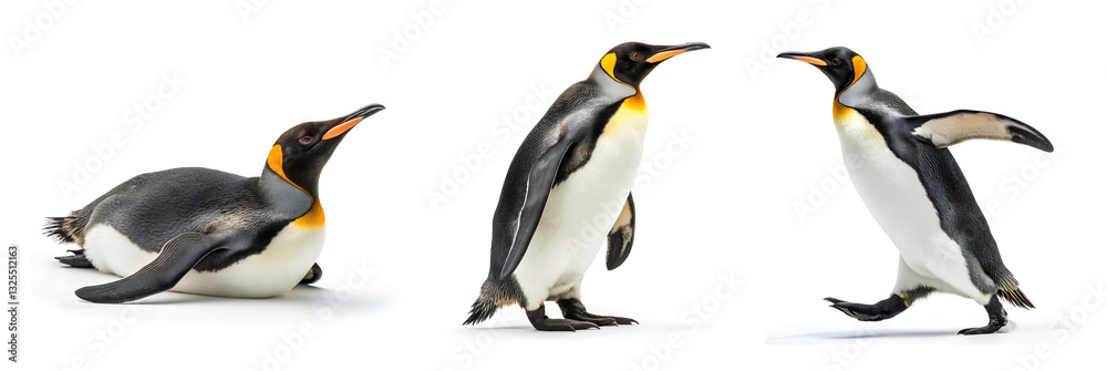 Naklejka premium King Penguins in Various Poses on White Background