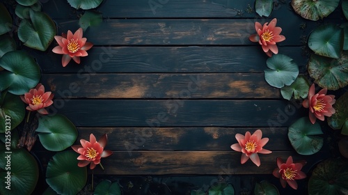 Wallpaper Mural The background is made of wooden boards, which are strewn with lotus flowers on the edges Torontodigital.ca