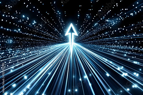 Dynamic representation of light beams converging towards a bright arrow in a vast cosmic space