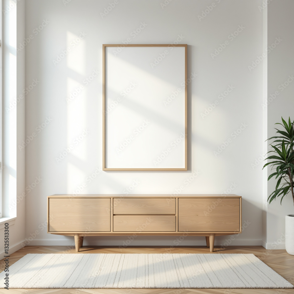 Fototapeta premium a modern living room with a clean white wall featuring a single large frame hanging above a sleek wooden furniture
