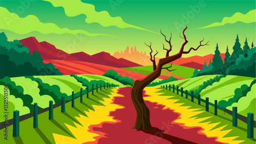 The withered vineyard stands as a stark contrast to the vibrant green landscape that surrounded it a visual reminder of the devastating effects of heatwaves.. Vector illustration