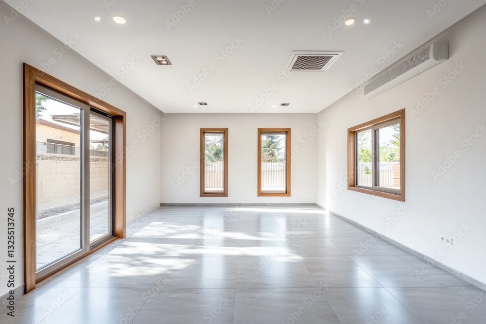 Obraz premium Bright, empty room with large windows and sliding glass door.