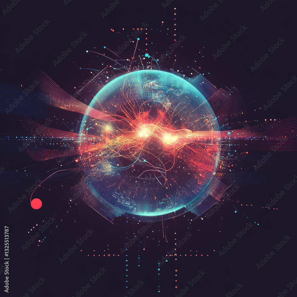 Obraz premium Glowing Orb Emitting Red and Blue Energy Streams in a Digital Abstract Artwork