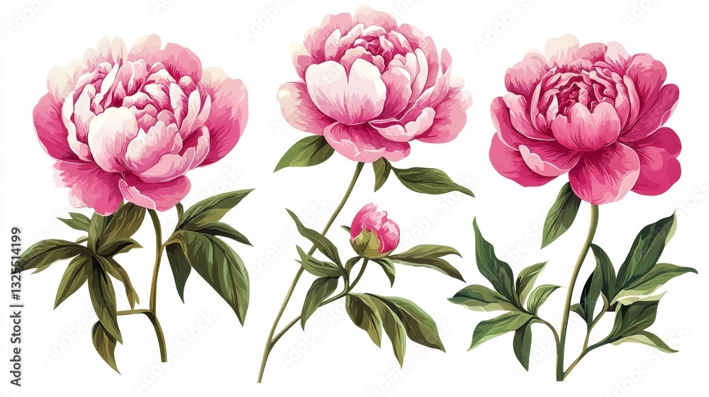 A beautiful arrangement of peonies accompanied by lush green leaves. A beautiful arrangement of peonies accompanied by lush green leaves.
