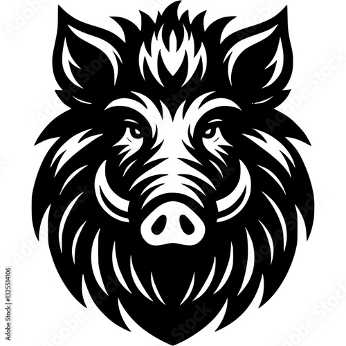 Tattoo of angry wild boar head in monochrome. Wild wild boar front view. Engraving minimalistic vector in black ink drawing on transparent background