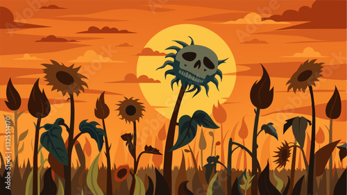 The skeletons of wilted sunflowers stood tall against the fiery backdrop of the sun a bittersweet testament to the fields resilience in the face of the heat.. Vector illustration