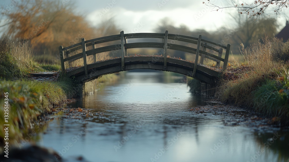 Fototapeta premium Eye-level view of a tranquil bridge over a serene countryside stream