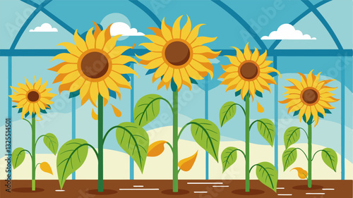 The typically cheery sunflowers in the greenhouse now hang their drooping heads with pale yellow leaves a clear indication of pests and diseases ravaging the crops.. Vector illustration