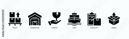 Logistics And Shipping Icons Icon Set Isolated Vector Illustration Concept With Icon Of Pallet, Warehouse, Fragile, Ship, Checklist, Unbox In Glyph Style