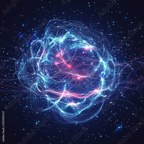 Obraz na płótnie Glowing Spherical Network of Blue and Pink Lines Against a Dark Cosmic Background w salonie
