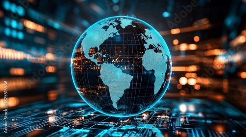 The holographic globe symbolizes global protection against cyber threats.